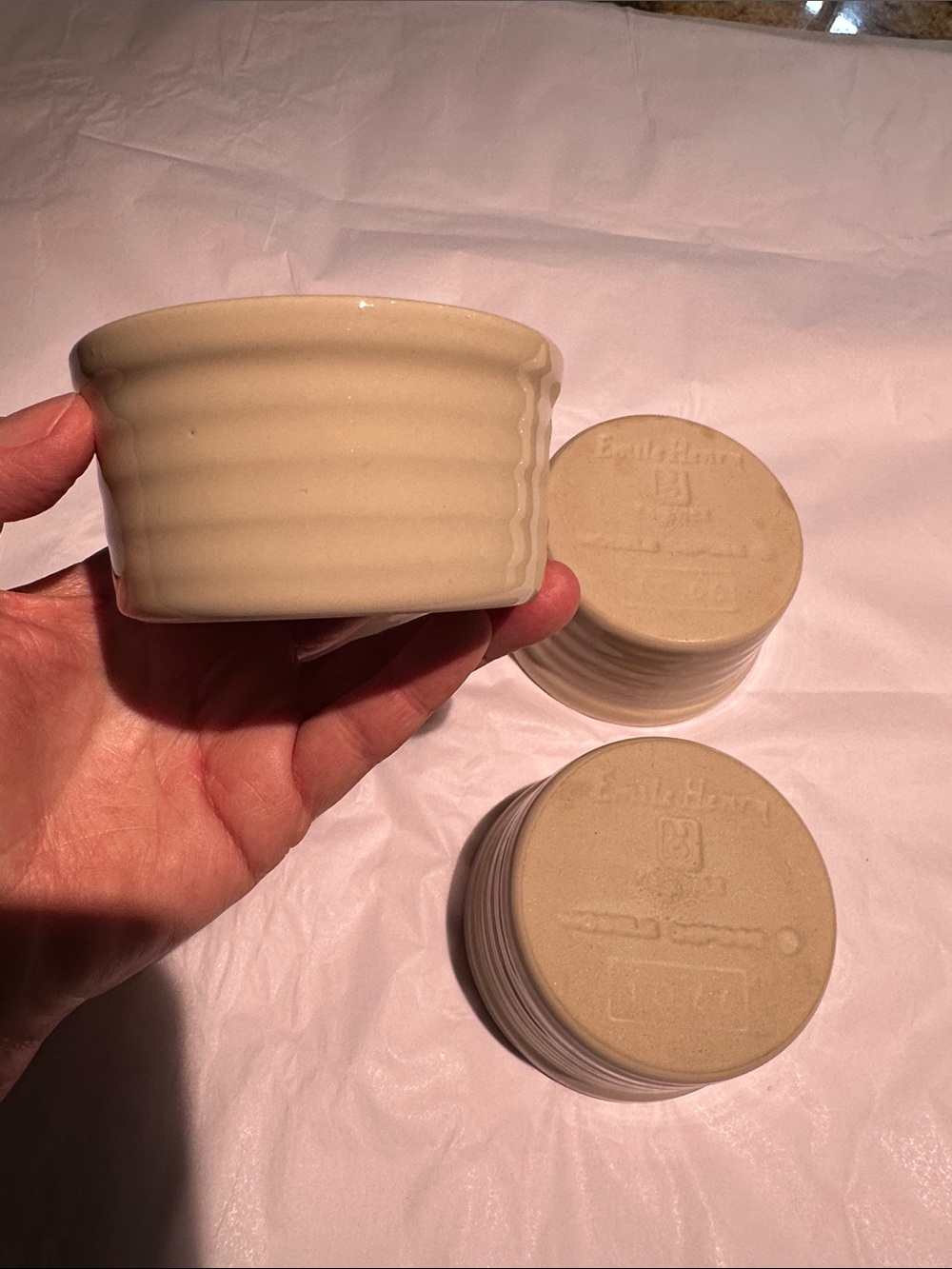 Set of 4 Emile Henry small ramekins beige